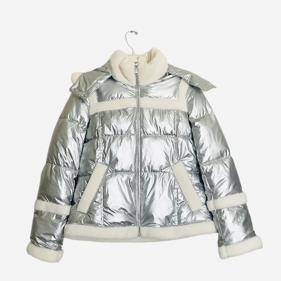 Sam Edelman METALLIC FLEECE TRIM HOODED PUFF COAT IN SILVER NWT - Picture 4 of 14
